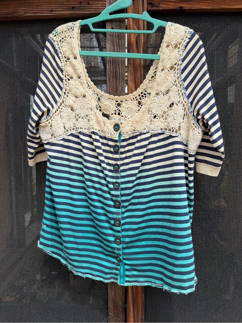 We The Free Striped Button-Front Top with Cream Crochet Yoke Free People Cardi